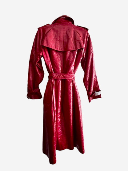 FUN & FLATTERING RED 'WET LOOK' RAINCOAT TRENCH BELTED & DOUBLE BREASTED