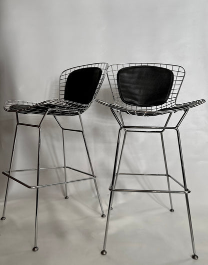 PAIR BERTOIA STYLE CHROMED WIRE BAR STOOLS  with BLACK BIKINI CUSHIONS
