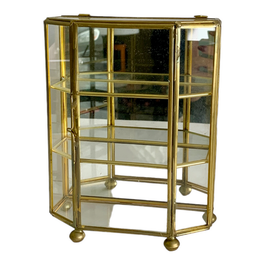 VINTAGE BRASS & GLASS CURIO CABINET w/ ANGLED FRONT- WALL MOUNT or TABLE TOP