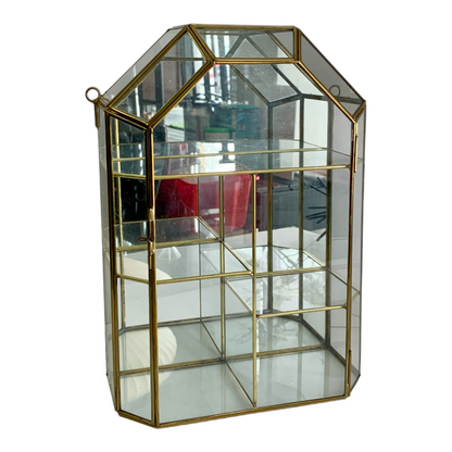 VINTAGE BRASS & GLASS PEAKED HOUSE SHAPED CURIO STORAGE CABINET -WALL MOUNT or TABLE TOP