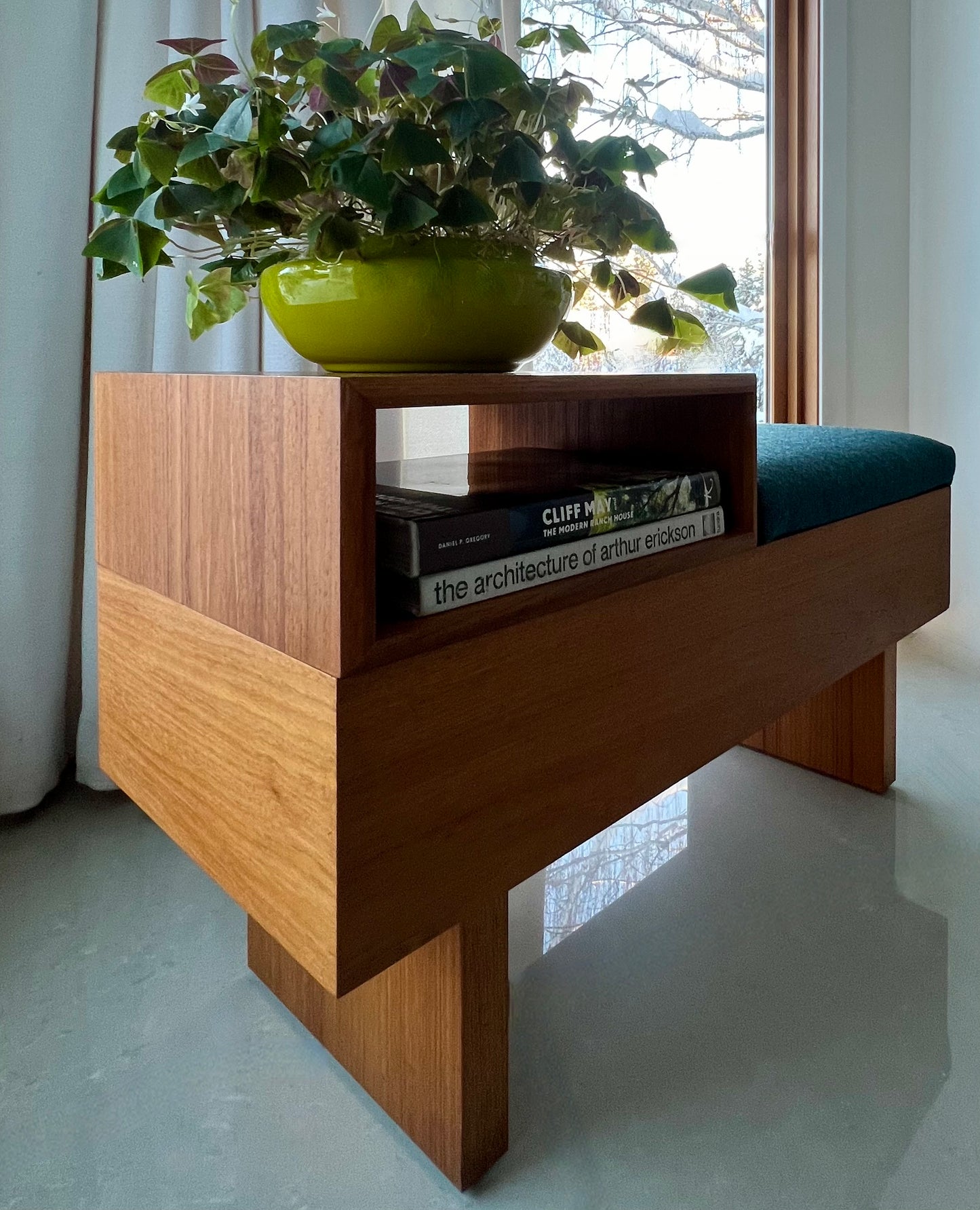 VINTAGE TEAK ENTRY MID CENTURY TELEPHONE BENCH with SEAT/HIDDEN STORAGE & CUBBY FLEXIBLY CONFIGURABLE FRESH MAHARAM UPHOLSTERY