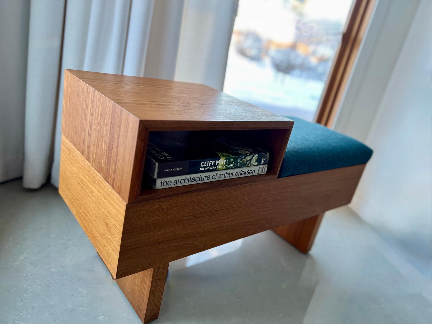 VINTAGE TEAK ENTRY MID CENTURY TELEPHONE BENCH with SEAT/HIDDEN STORAGE & CUBBY FLEXIBLY CONFIGURABLE FRESH MAHARAM UPHOLSTERY