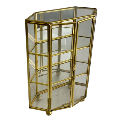 2 DOOR VINTAGE BRASS & GLASS HEXAGONAL CURIO STORAGE CABINET - TABLE TOP
