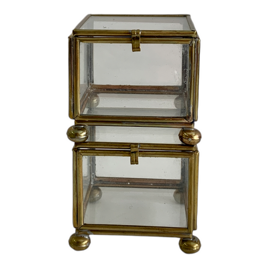 SMALL VINTAGE BRASS & GLASS CURIO CUBES/JEWELRY COFFIN
