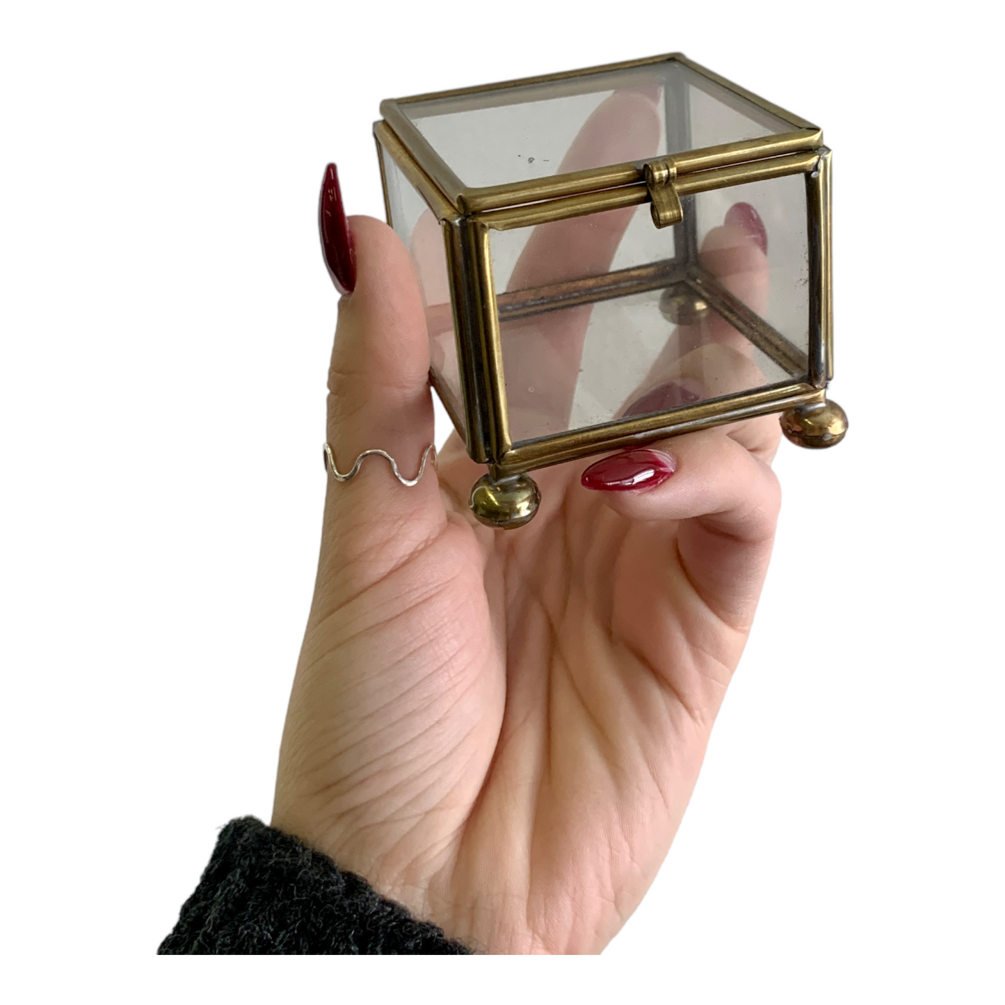 SMALL VINTAGE BRASS & GLASS CURIO CUBES/JEWELRY COFFIN