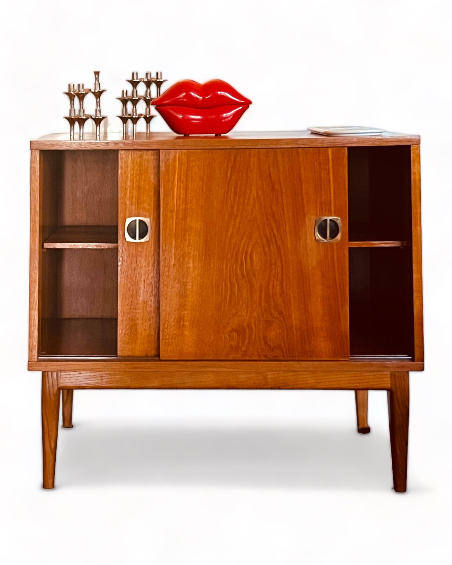 BOOKMATCHED TEAK MID-SIZE RECORD STORAGE/STEREO STAND/BEDSIDE/ ENTRY STORAGE w/SLIDING DOORS
