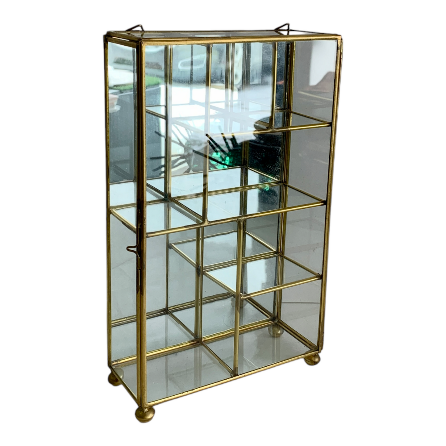 ASYMMETRICAL DISPLAY VINTAGE BRASS & GLASS CURIO CABINET DISPLAY SHELF -WALL MOUNT OR TABLE TOP