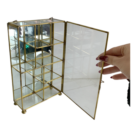 ASYMMETRICAL DISPLAY VINTAGE BRASS & GLASS CURIO CABINET DISPLAY SHELF -WALL MOUNT OR TABLE TOP