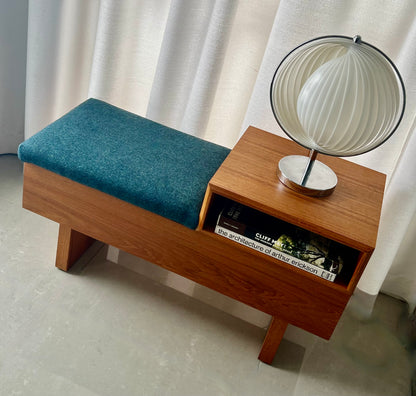 VINTAGE TEAK ENTRY MID CENTURY TELEPHONE BENCH with SEAT/HIDDEN STORAGE & CUBBY FLEXIBLY CONFIGURABLE FRESH MAHARAM UPHOLSTERY