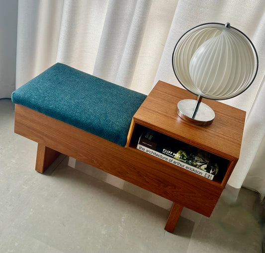 VINTAGE TEAK ENTRY MID CENTURY TELEPHONE BENCH with SEAT/HIDDEN STORAGE & CUBBY FLEXIBLY CONFIGURABLE FRESH MAHARAM UPHOLSTERY