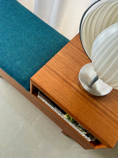 VINTAGE TEAK ENTRY MID CENTURY TELEPHONE BENCH with SEAT/HIDDEN STORAGE & CUBBY FLEXIBLY CONFIGURABLE FRESH MAHARAM UPHOLSTERY
