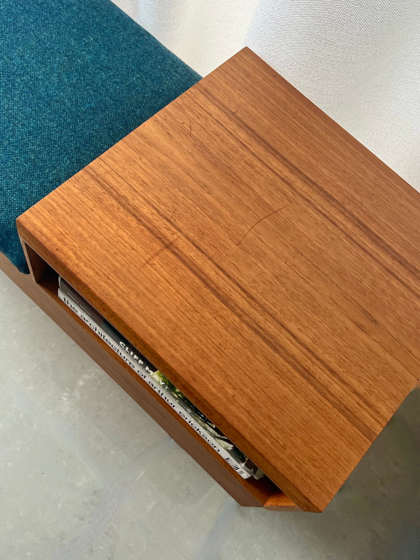 VINTAGE TEAK ENTRY MID CENTURY TELEPHONE BENCH with SEAT/HIDDEN STORAGE & CUBBY FLEXIBLY CONFIGURABLE FRESH MAHARAM UPHOLSTERY