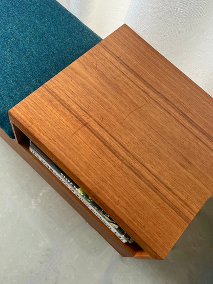 VINTAGE TEAK ENTRY MID CENTURY TELEPHONE BENCH with SEAT/HIDDEN STORAGE & CUBBY FLEXIBLY CONFIGURABLE FRESH MAHARAM UPHOLSTERY