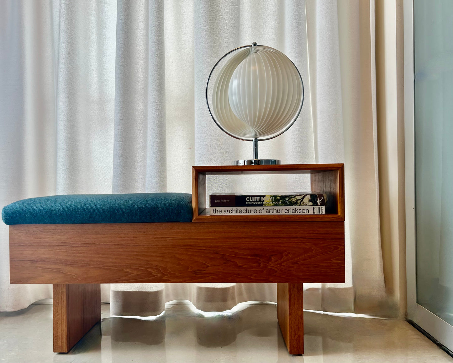 VINTAGE TEAK ENTRY MID CENTURY TELEPHONE BENCH with SEAT/HIDDEN STORAGE & CUBBY FLEXIBLY CONFIGURABLE FRESH MAHARAM UPHOLSTERY