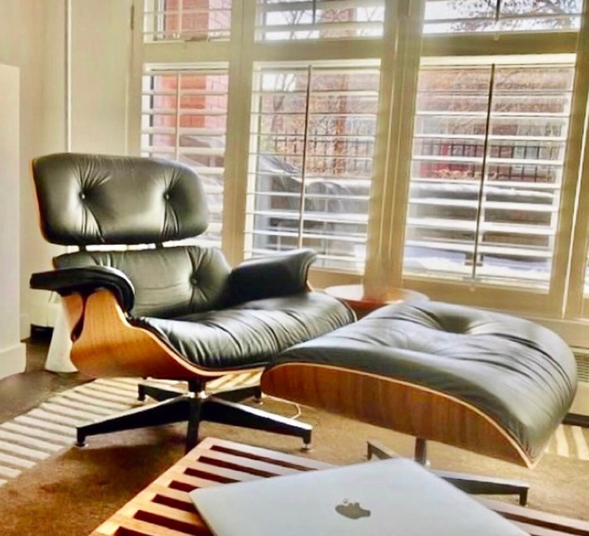 EAMES for HERMAN MILLER WALNUT & BLACK LEATHER LOUNGE CHAIR w/ FOOTSTOOL