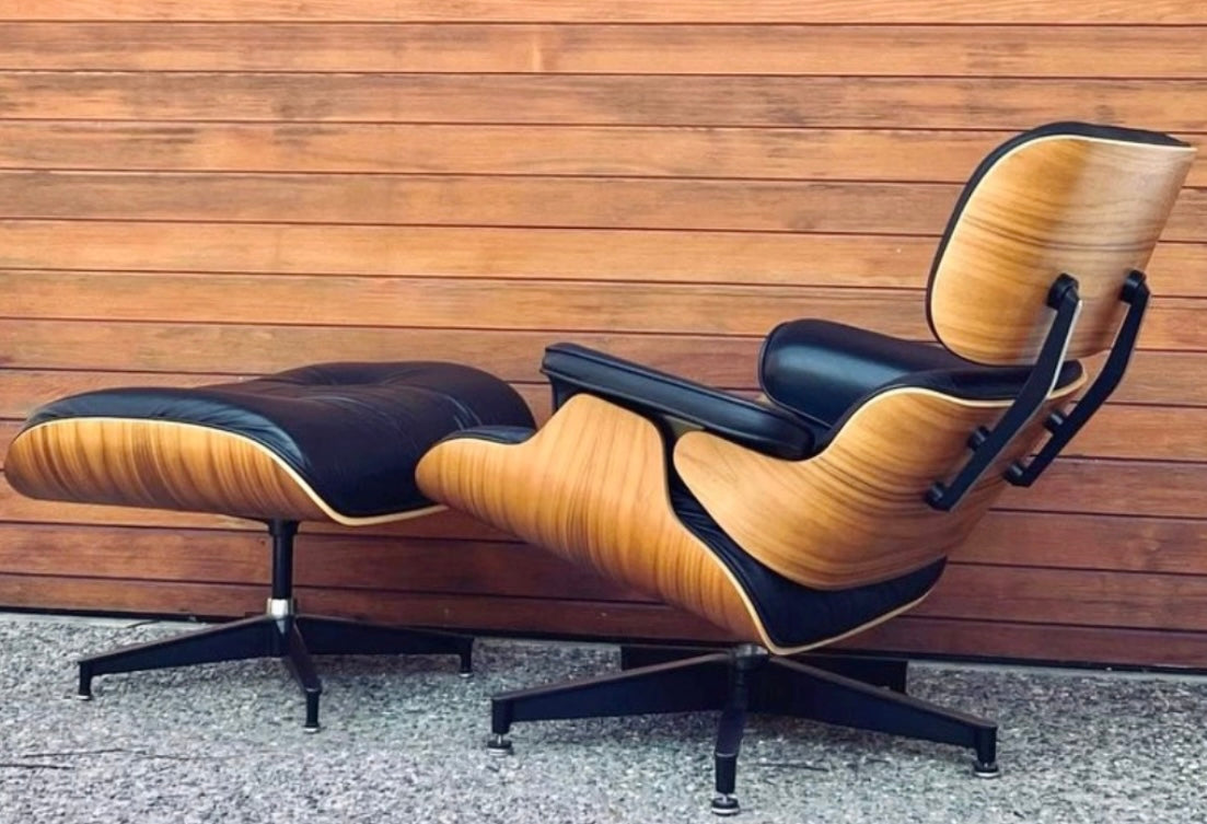EAMES for HERMAN MILLER WALNUT & BLACK LEATHER LOUNGE CHAIR w/ FOOTSTOOL