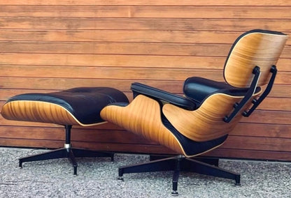 EAMES for HERMAN MILLER WALNUT & BLACK LEATHER LOUNGE CHAIR w/ FOOTSTOOL