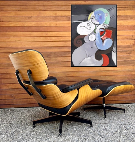 EAMES for HERMAN MILLER WALNUT & BLACK LEATHER LOUNGE CHAIR w/ FOOTSTOOL