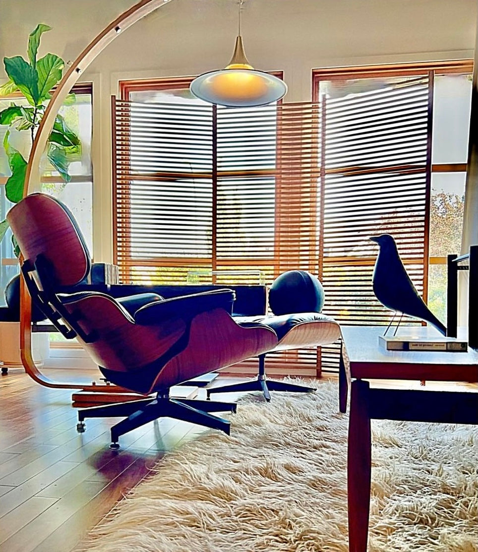 EAMES for HERMAN MILLER WALNUT & BLACK LEATHER LOUNGE CHAIR w/ FOOTSTOOL