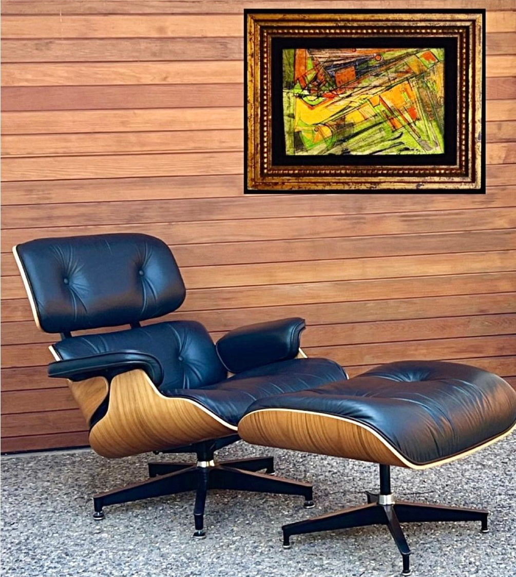 EAMES for HERMAN MILLER WALNUT & BLACK LEATHER LOUNGE CHAIR w/ FOOTSTOOL