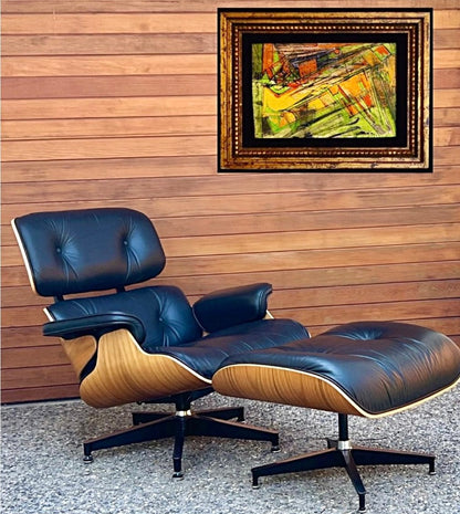 EAMES for HERMAN MILLER WALNUT & BLACK LEATHER LOUNGE CHAIR w/ FOOTSTOOL