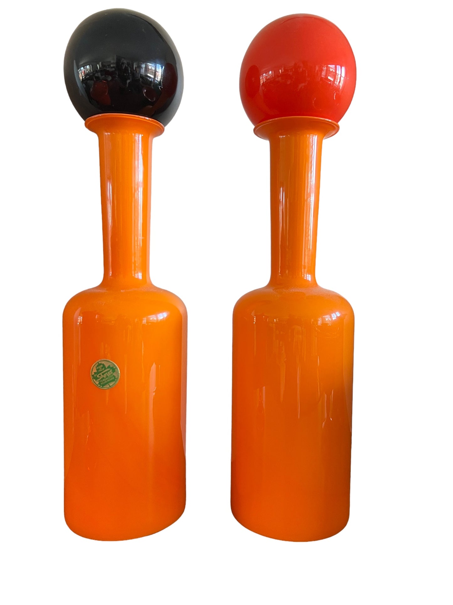STUNNING RARE PAIR OF BOLD ORANGE EMPOLI APOTHECARY BOTTLES with STEMMED BALL STOPPERS