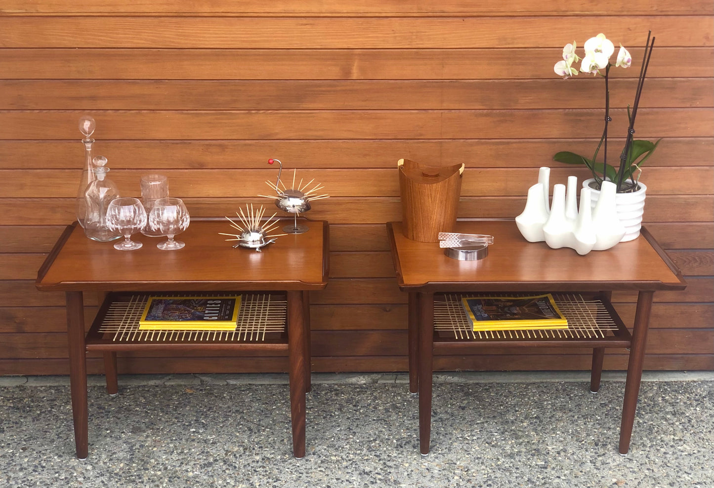 SET OF 2 PAIR, PROFESSIONALLY REFINISHED & REWOVEN TEAK SIDE TABLES w/ CANED LOWER SHELF