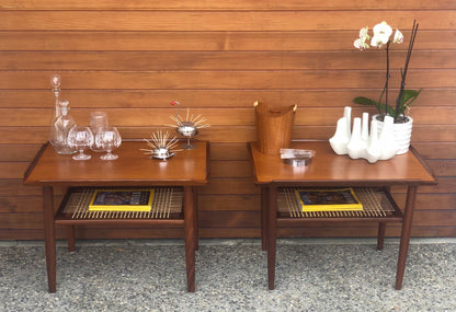 SET OF 2 PAIR, PROFESSIONALLY REFINISHED & REWOVEN TEAK SIDE TABLES w/ CANED LOWER SHELF