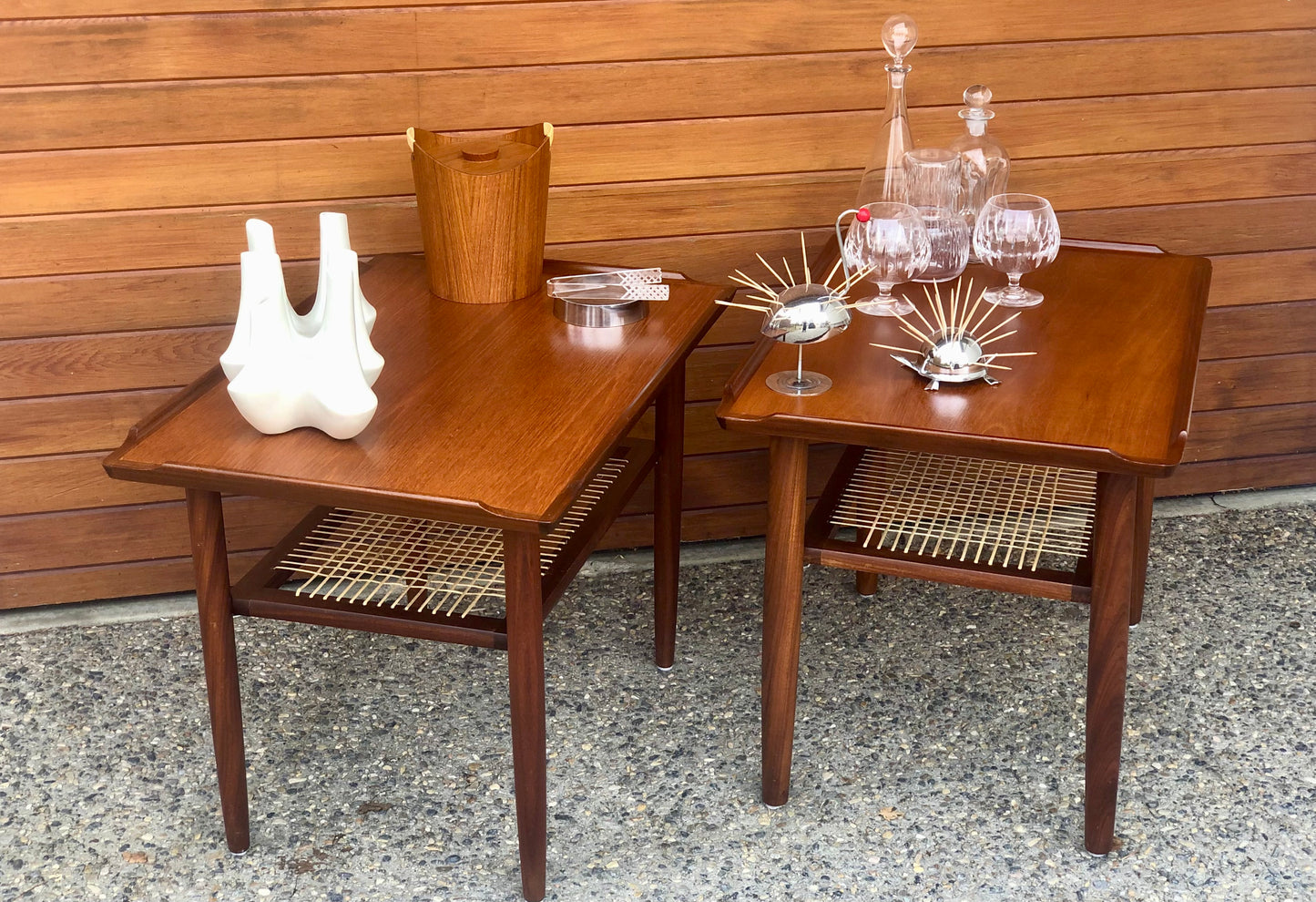 SET OF 2 PAIR, PROFESSIONALLY REFINISHED & REWOVEN TEAK SIDE TABLES w/ CANED LOWER SHELF