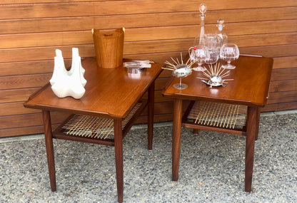 SET OF 2 PAIR, PROFESSIONALLY REFINISHED & REWOVEN TEAK SIDE TABLES w/ CANED LOWER SHELF