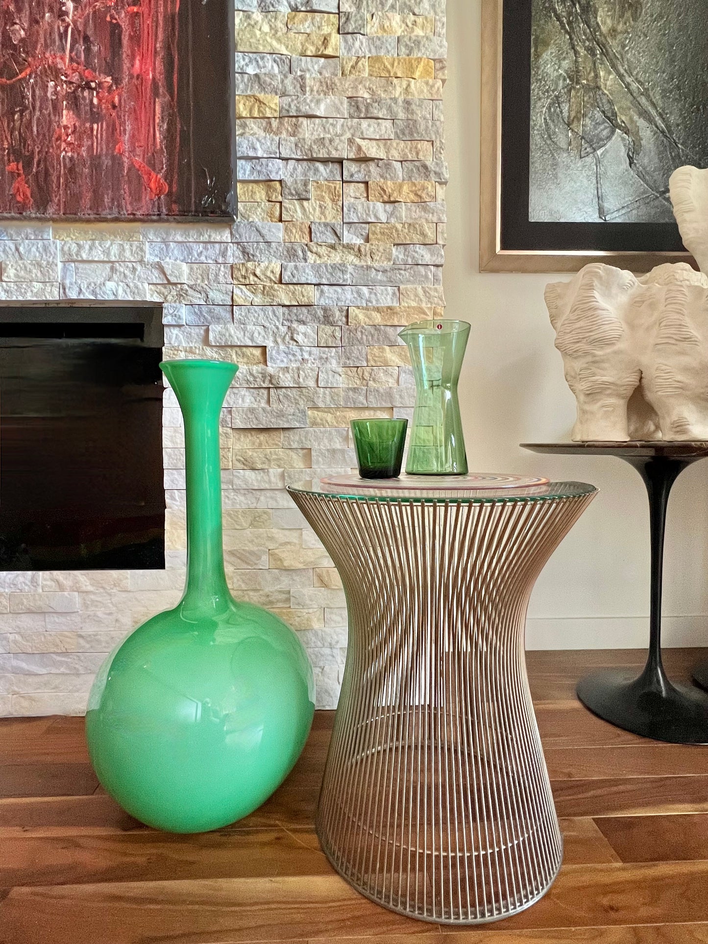 RARE STATEMENT EXTRA LARGE GREEN ART GLASS VESSEL w/ BLACK STRIPE CASED RIM