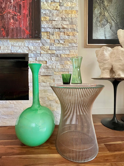 RARE STATEMENT EXTRA LARGE GREEN ART GLASS VESSEL w/ BLACK STRIPE CASED RIM