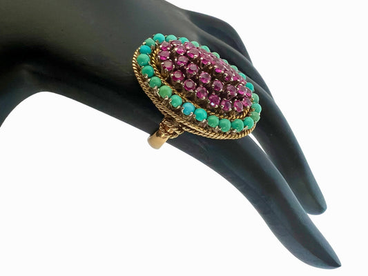 DREAMY NATURAL RUBY & PERSIAN TURQUOISE 18KT YELLOW GOLD ESTATE JEWELRY RING