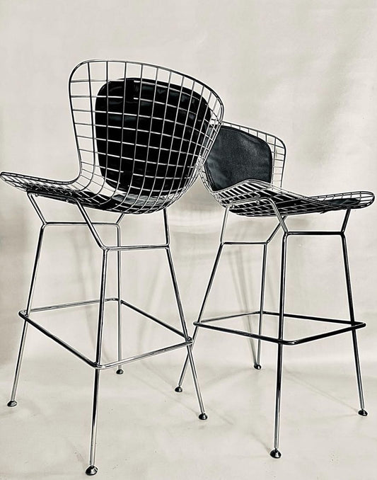 PAIR BERTOIA STYLE CHROMED WIRE BAR STOOLS  with BLACK BIKINI CUSHIONS