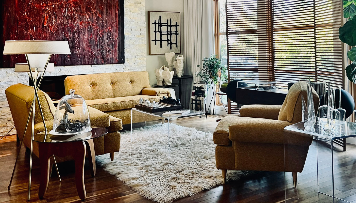 VINTAGE 1950s-60s SOFA COUCH & ARMCHAIR PROFESSIONALLY REUPHOLSTERED in DEEP GOLDEN MUSTARD BOUCLE