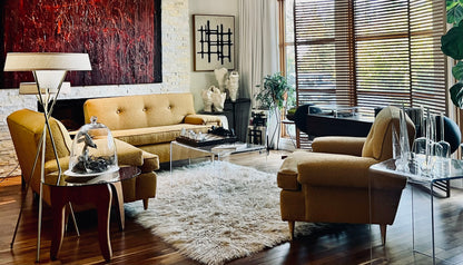 VINTAGE 1950s-60s SOFA COUCH & ARMCHAIR PROFESSIONALLY REUPHOLSTERED in DEEP GOLDEN MUSTARD BOUCLE