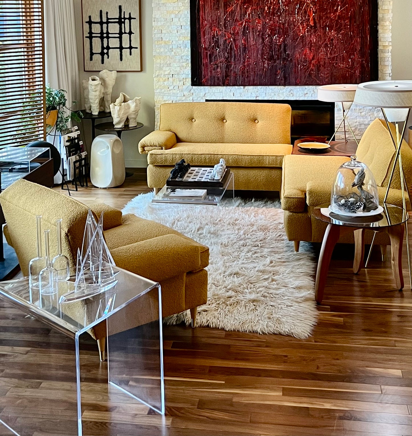 VINTAGE 1950s-60s SOFA COUCH & ARMCHAIR PROFESSIONALLY REUPHOLSTERED in DEEP GOLDEN MUSTARD BOUCLE
