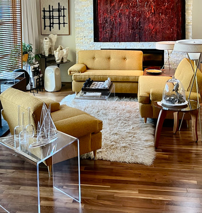 VINTAGE 1950s-60s SOFA COUCH & ARMCHAIR PROFESSIONALLY REUPHOLSTERED in DEEP GOLDEN MUSTARD BOUCLE
