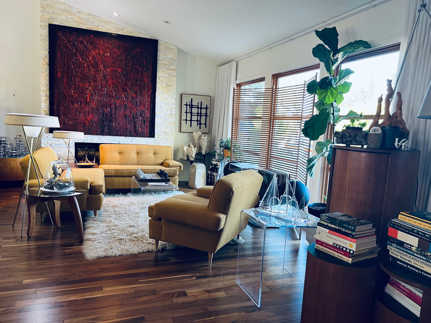 VINTAGE 1950s-60s SOFA COUCH & ARMCHAIR PROFESSIONALLY REUPHOLSTERED in DEEP GOLDEN MUSTARD BOUCLE