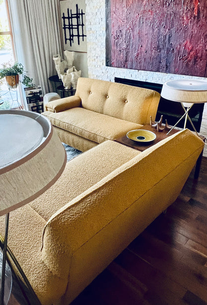 VINTAGE 1950s-60s SOFA COUCH & ARMCHAIR PROFESSIONALLY REUPHOLSTERED in DEEP GOLDEN MUSTARD BOUCLE