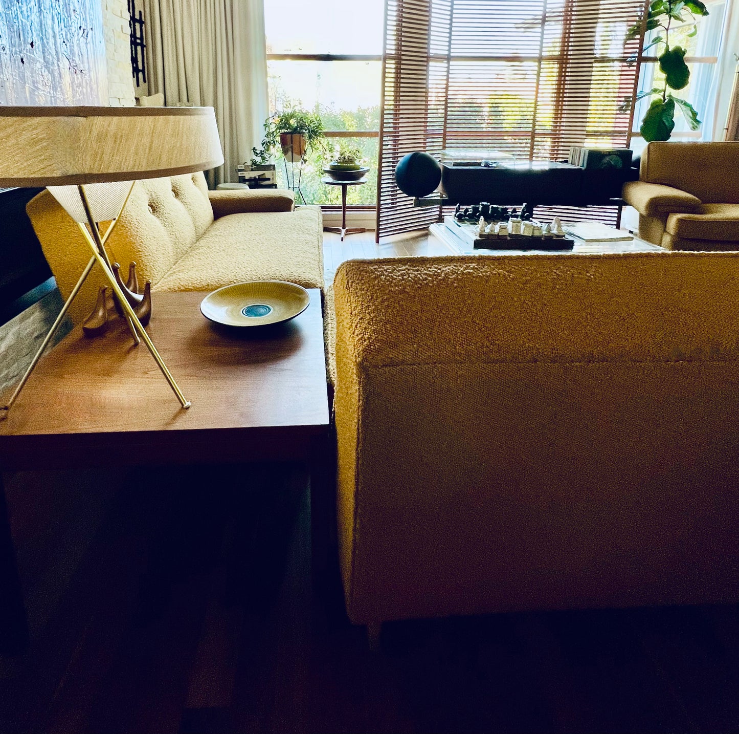 VINTAGE 1950s-60s SOFA COUCH & ARMCHAIR PROFESSIONALLY REUPHOLSTERED in DEEP GOLDEN MUSTARD BOUCLE