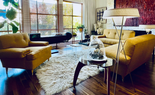 VINTAGE 1950s-60s SOFA COUCH & ARMCHAIR PROFESSIONALLY REUPHOLSTERED in DEEP GOLDEN MUSTARD BOUCLE