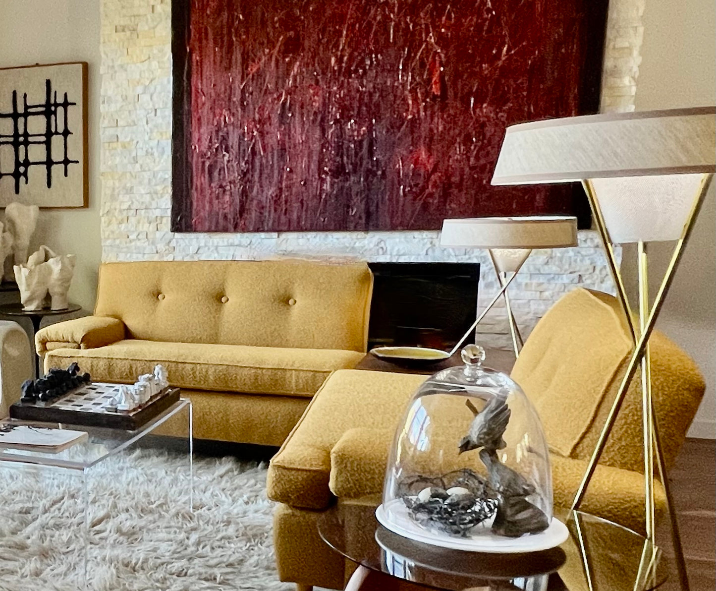 VINTAGE 1950s-60s SOFA COUCH & ARMCHAIR PROFESSIONALLY REUPHOLSTERED in DEEP GOLDEN MUSTARD BOUCLE