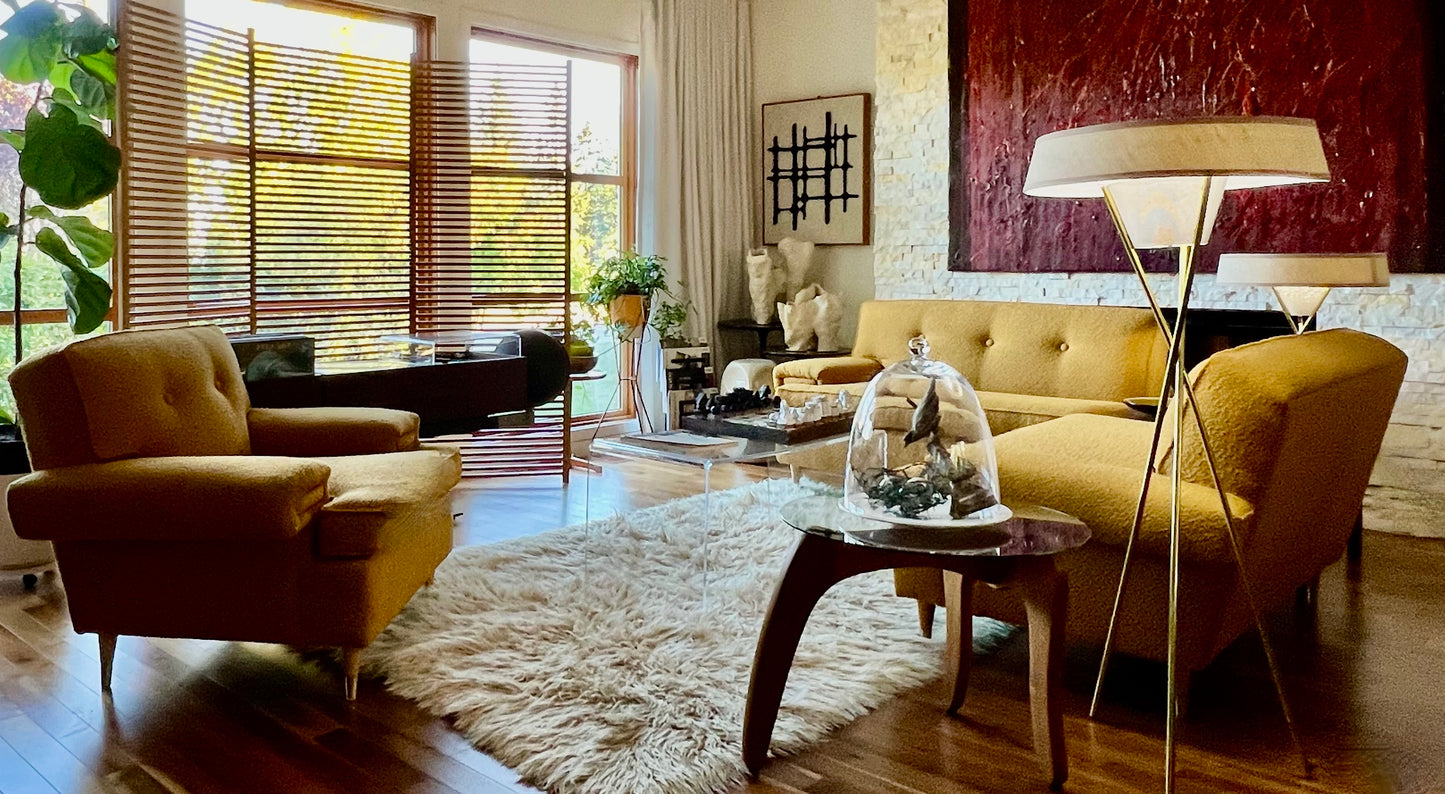 VINTAGE 1950s-60s SOFA COUCH & ARMCHAIR PROFESSIONALLY REUPHOLSTERED in DEEP GOLDEN MUSTARD BOUCLE