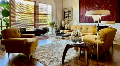 VINTAGE 1950s-60s SOFA COUCH & ARMCHAIR PROFESSIONALLY REUPHOLSTERED in DEEP GOLDEN MUSTARD BOUCLE