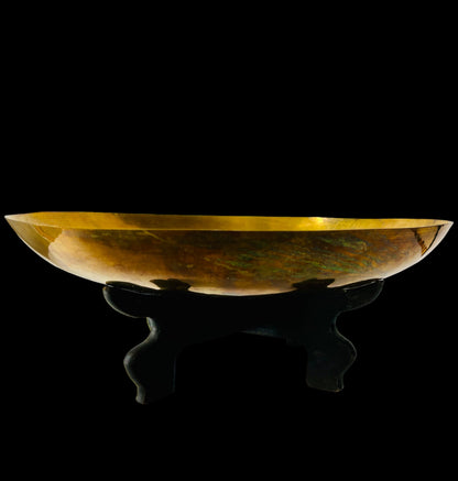 1940s STUNNING PATINATED BRASS BIRD SCULPTURE PAIR PERCHED ON RICH WOOD PLINTH w/FORMED EMBOSSED BRASS BOWL