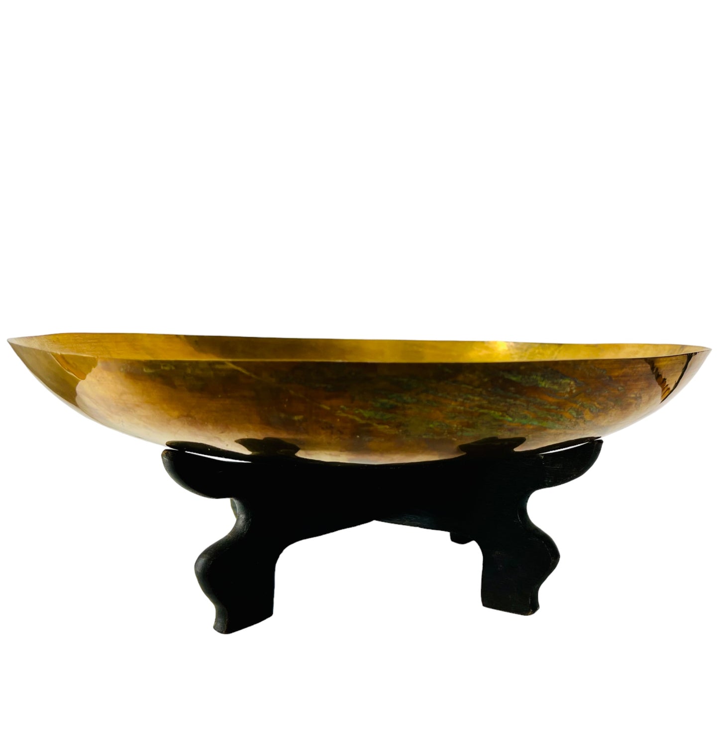 1940s STUNNING PATINATED BRASS BIRD SCULPTURE PAIR PERCHED ON RICH WOOD PLINTH w/FORMED EMBOSSED BRASS BOWL