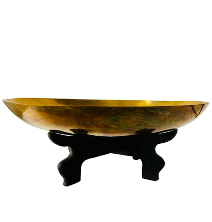 1940s STUNNING PATINATED BRASS BIRD SCULPTURE PAIR PERCHED ON RICH WOOD PLINTH w/FORMED EMBOSSED BRASS BOWL