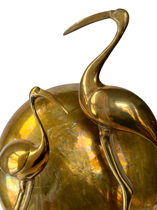1940s STUNNING PATINATED BRASS BIRD SCULPTURE PAIR PERCHED ON RICH WOOD PLINTH w/FORMED EMBOSSED BRASS BOWL
