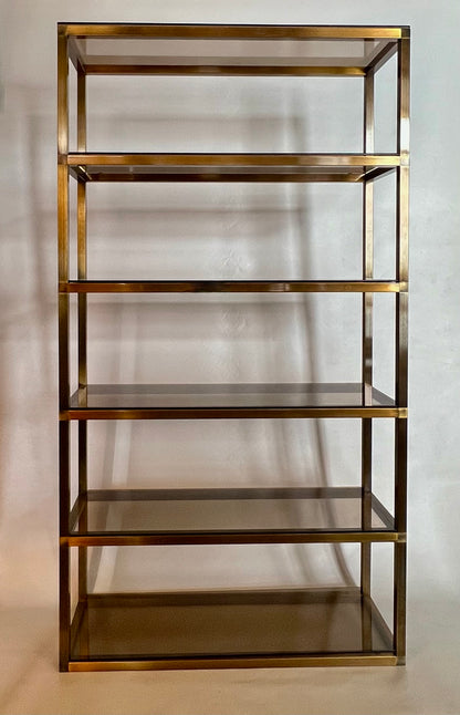 COOL POST MODERN BRONZE BRASS ETAGERE STORAGE SHELVING / TABLES with SMOKY TEMPERED GLASS SHELVES
